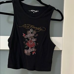 Ed Hardy Black Ribbed Graphic Tank with Red Rose and Gold Script
